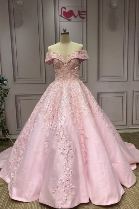 Lace Appliqués Pearls Crystals Beaded Pink Ball Gown Wedding Prom Dresses
