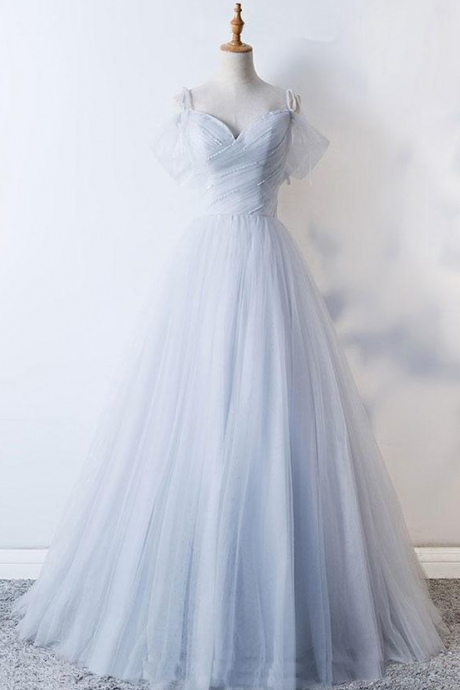 Simple Gray Sweetheart Tulle Long Prom Dress, Sexy Evening Dress