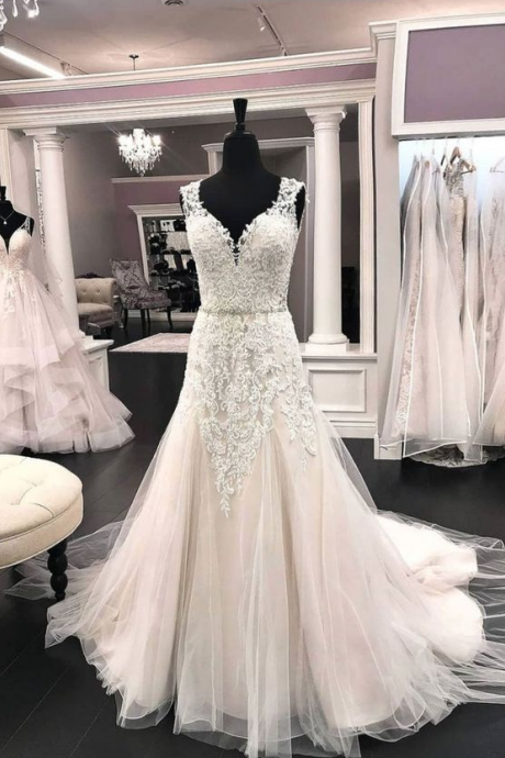V Neck Tulle Lace Long Wedding Dress, Bridal Dress