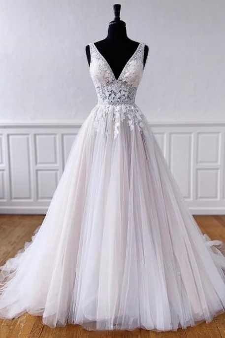 V Neck Tulle Long Ball Gown Dress Lace Evening Dress