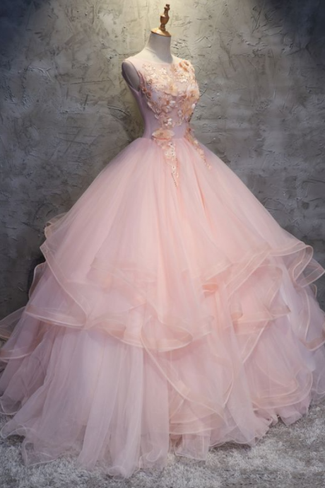 Puffy O Neck Long Prom Gown With Lace Appliques