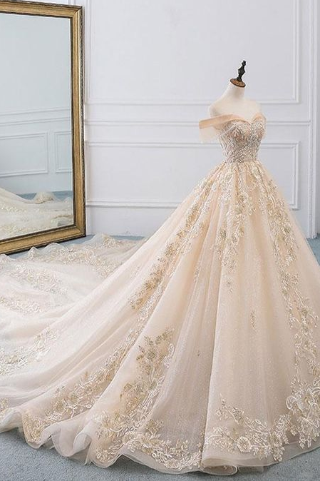Off Shoulder Tulle Lace Long Champagne Wedding Dress