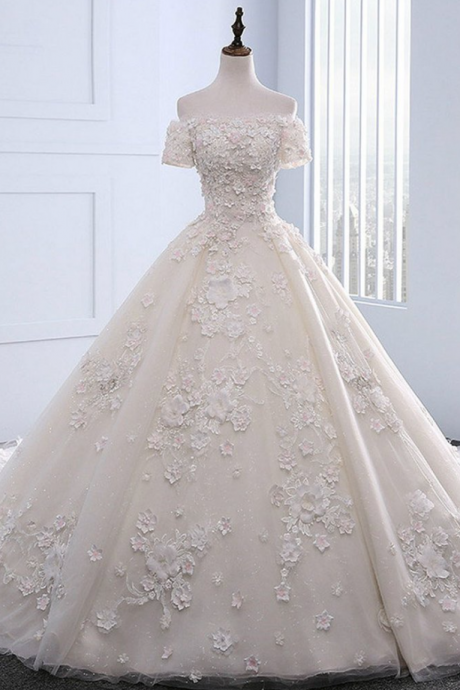 Ivory off shoulder lace wedding dress with sleeves