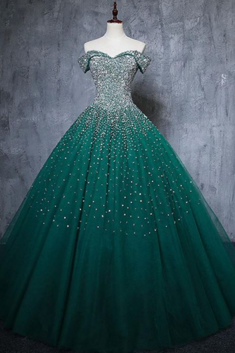 Off The Shoulder Crystal Beaded Dark Green Prom Dress Quinceanera Dresses