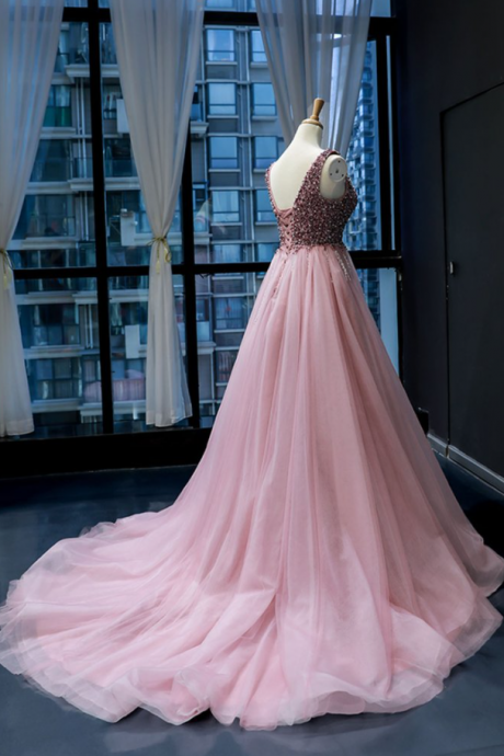 Tulle Sequins Train V Neck Prom Dress, Pearl Evening Gown