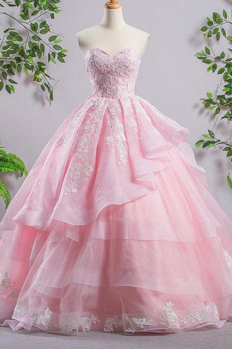 A-line Lace Pink Evening Prom Dresses, Sweet 16 Dresses, Quinceanera Dresses