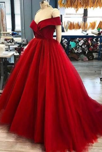 Red Tulle V Neck Long Off Shoulder Long Prom Dress