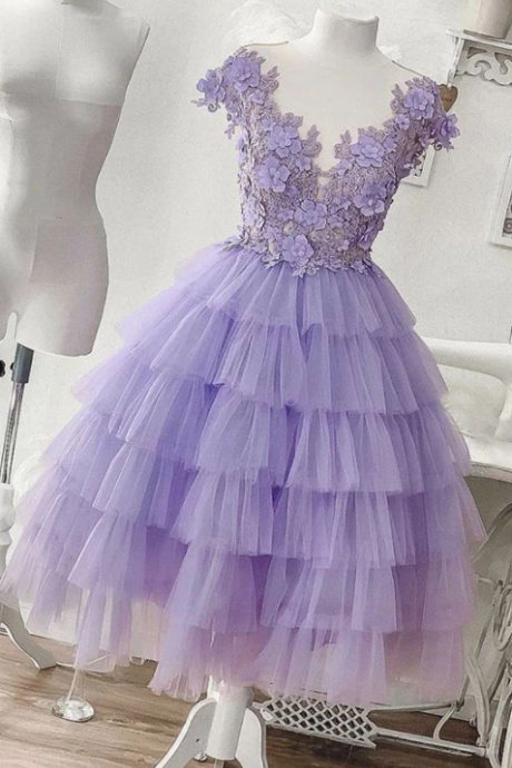Lilac Tulle Short Homecoming Dress With Layered