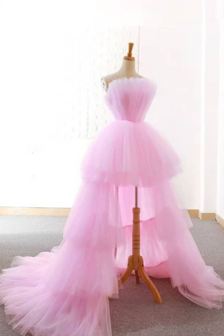 Sexy High Low Pink Prom Dresses with Ruched Evening Dresses 