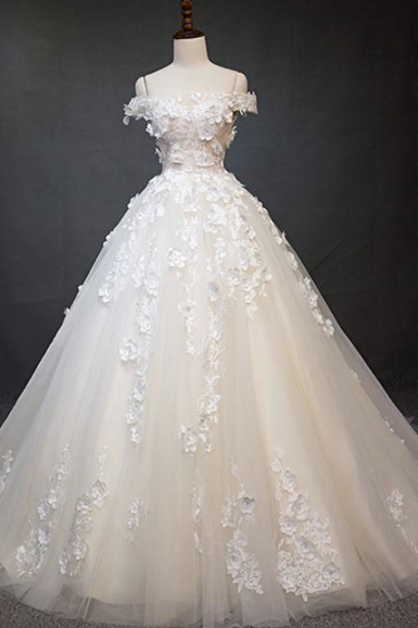 Tulle Lace Applique Long Prom Dress, White Lace Wedding Dress