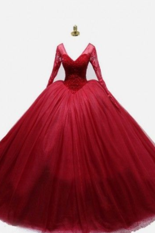Red Long Sleeve Ball Gown Prom Dress 