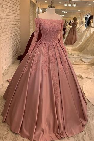 A Line Ball Gown Lace Prom Dress With Long Sleeves