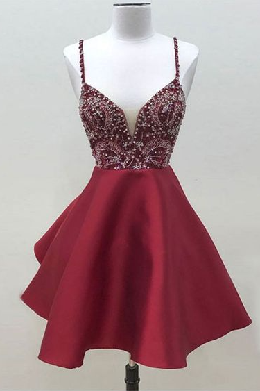 V Neck Burgundy Short Prom Dress, Burgundy Homecoming Dress