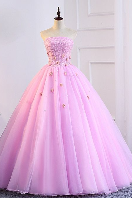 Strapless Appliques Pink Tulle Quinceanera Dresses With Pearls