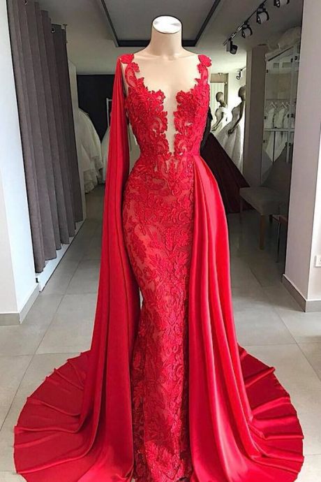 Elegant Long Lace Red Evening Dresses