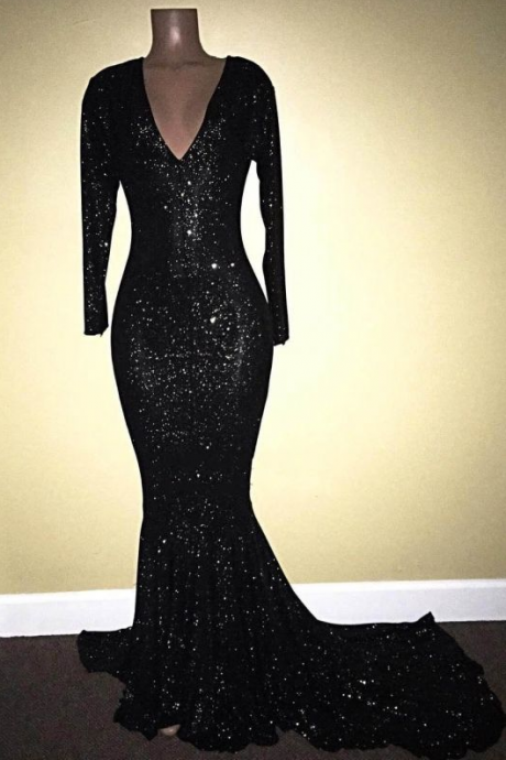 Mermaid V-neck Black Sequins Prom Dresses With Long Sleeves