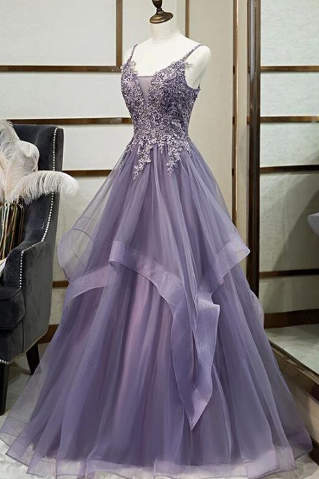 Purple Tulle Layers Long Formal Gown With Lace Applique