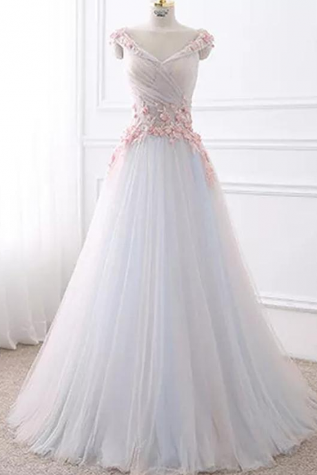 V-neck Floor-length Sleeveless Tulle Prom Dress