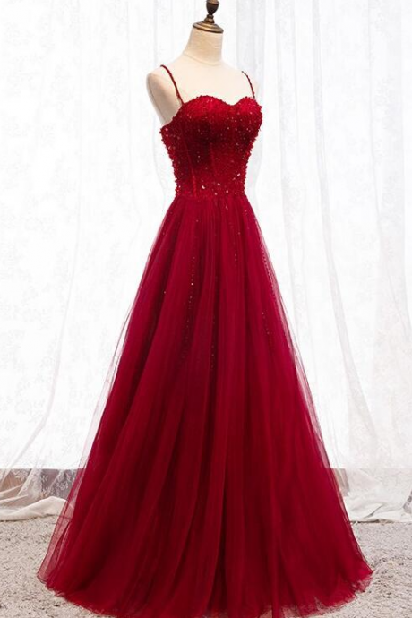 Dark Red Long Beaded Sweetheart Formal Dress