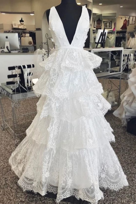 A Line Deep V Neck White Prom/wedding Dresses