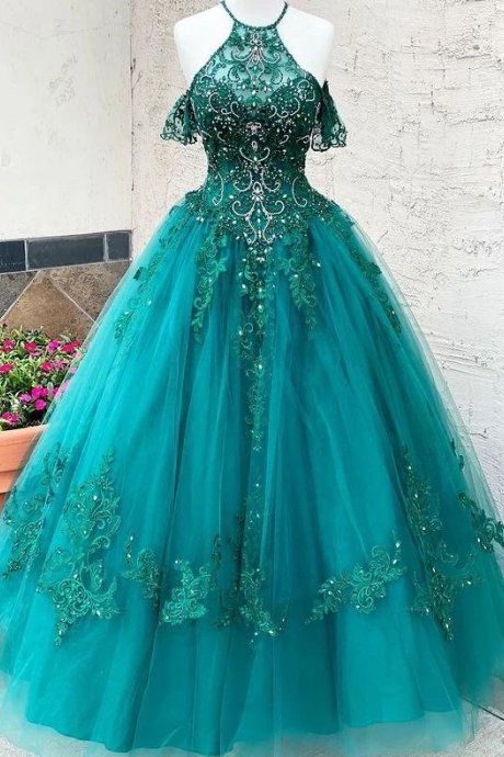 A Line Prom Dresses With Appliques And Beading