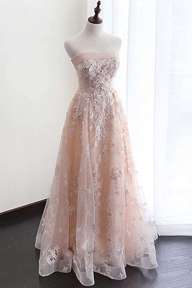 A Line Pink Tulle Strapless Lace Long Prom Dress