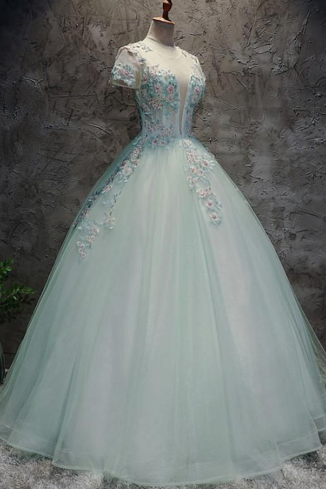 Tulle Jewel Neckline Short Sleeves Ball Gown Prom Dress