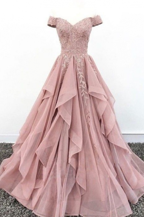 Off The Shoulder Ball Gown Prom Dusty Rose Chiffon Ruffles
