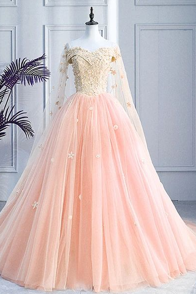 Off Shoulder Pink Tulle With Flowers Ball Gown Prom Dress