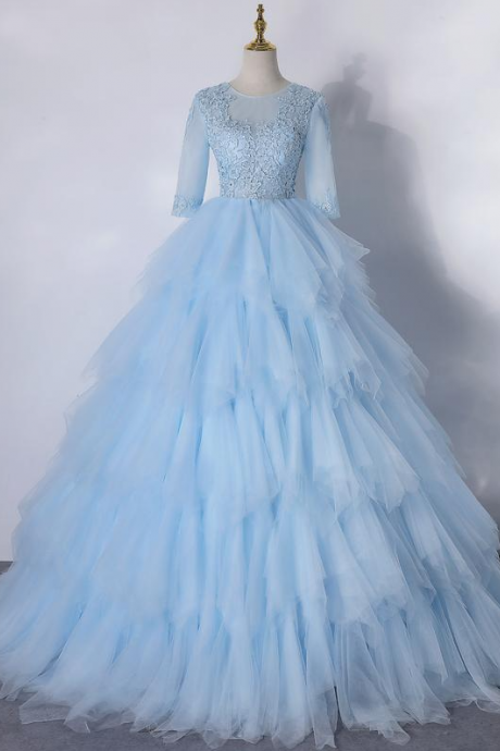 Short Sleeves Light Blue Layers Tulle With Lace