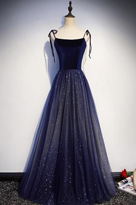 A Line Navy Blue Top Velvet And Tulle Straps Party Dress