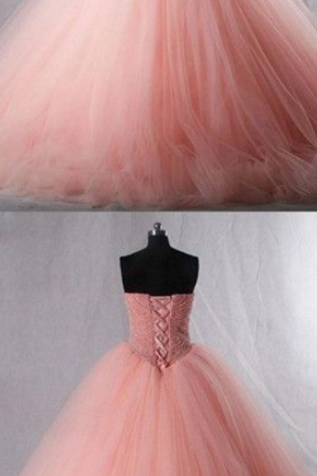 Sweetheart Beaded Cute Pink Long Prom Quinceanera Dresses
