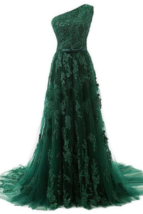 A-line Sweep Train Dark Green Tulle Prom Dress With Appliques