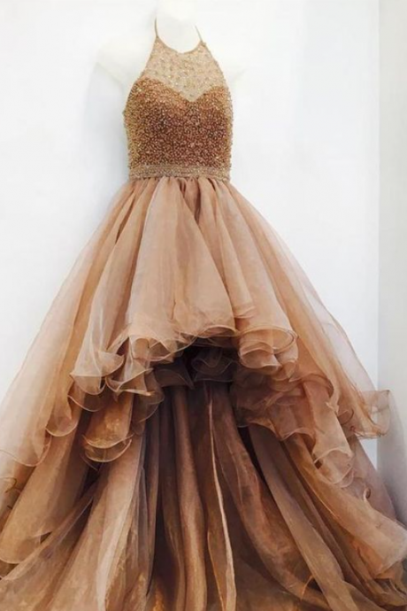 High Low Brown Beaded Ball Gown Prom Dresses