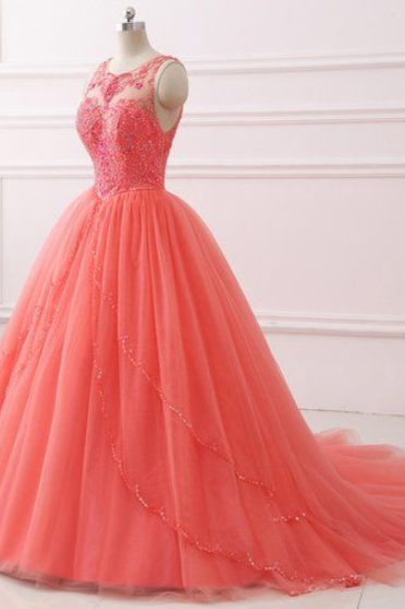 Coral Tulle Layered Long Beaded Formal Prom Dress