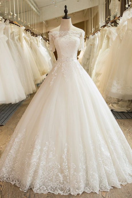 Vintage A-line Short Sleeve Tulle Lace Wedding Dress