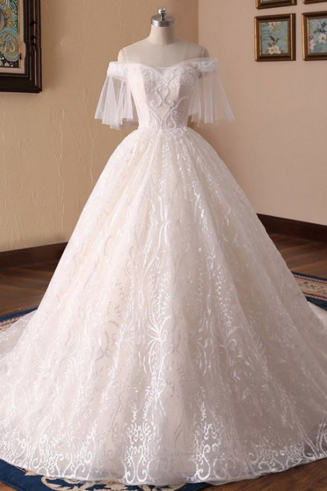 Princess Lace Wedding Dresses With Short Sleeves