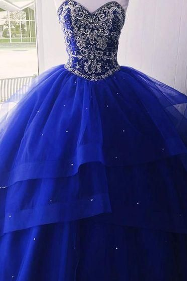 Royal Blue Princess Ball Gown Prom Dresses With Beaded