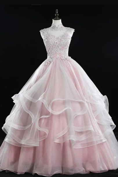 High Neck Tulle Pink Lace Long Prom Dress