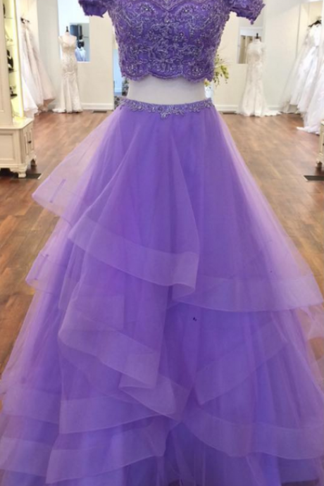 Sexy Off Shoulder Two Piece Purple Appliques Tulle Prom Dresses, Prom Gown