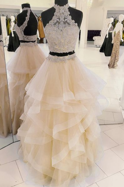 Beauty Two-piece Champagne Tulle Long Prom/evening Dress