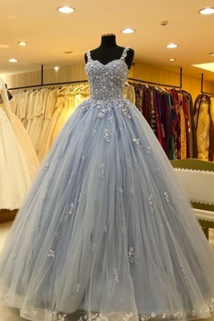 Sweetheart Blue Lace Tulle Long Formal Dress, Prom Dress