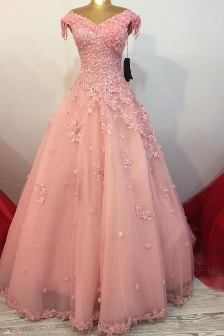 A Line Pink Lace Ball Gown Evening Gown