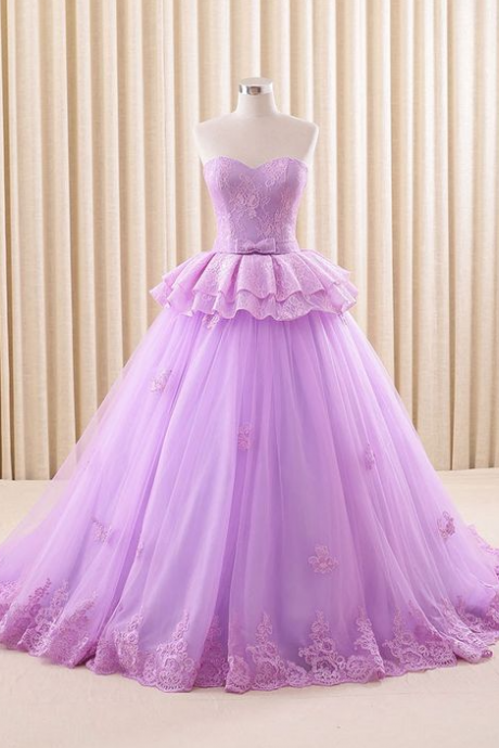 Ball Gown Strapless Purple Lace Formal Evening Gown