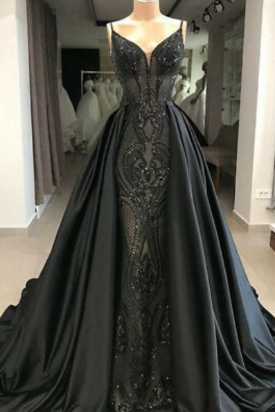 Black Satin Detachable Prom Evening Party Dress