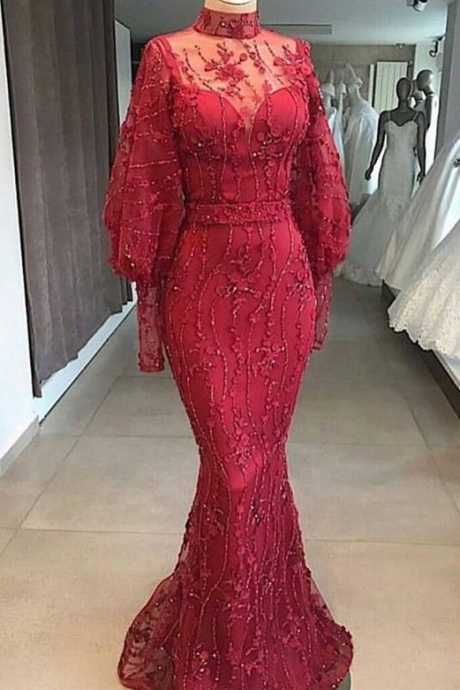Arabic High Neck Long Sleeves Prom Evening Dress With Beading