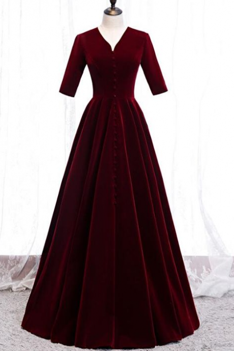 Velvet Wine Red Floor Length Party Dress