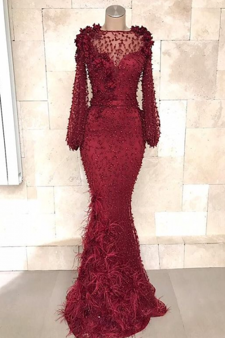A Line Long Sleeves Beaded Evening Gown Formal Dress