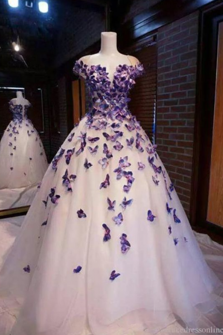 Purple Butterfly Appliques Ball Quinceanera Dress
