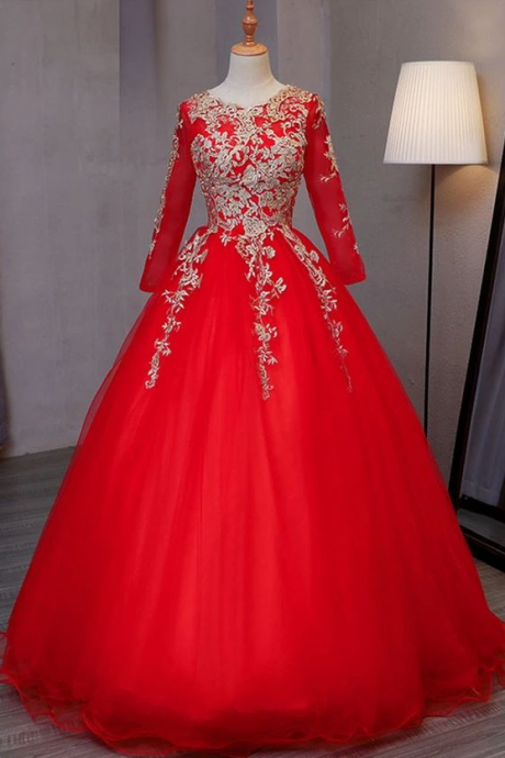 Long Sleeves Red Tulle Prom Dress With Lace Applique